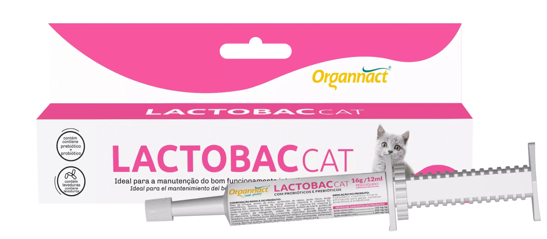 Caja con jeringa de Lactobac Cat de Organnact suplemento vitamínico