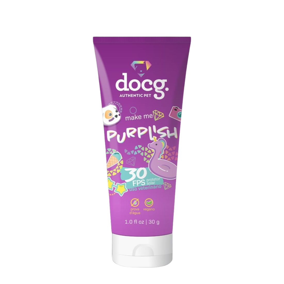 Botellita con protector solar para mascotas make me purplish 30g docg