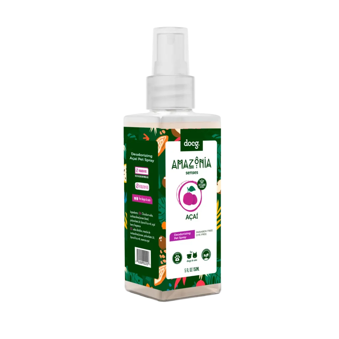 Envase plastico rectangular con Amazonia Senses Pet Spray Açaí – Colonia para Perros y Gatos