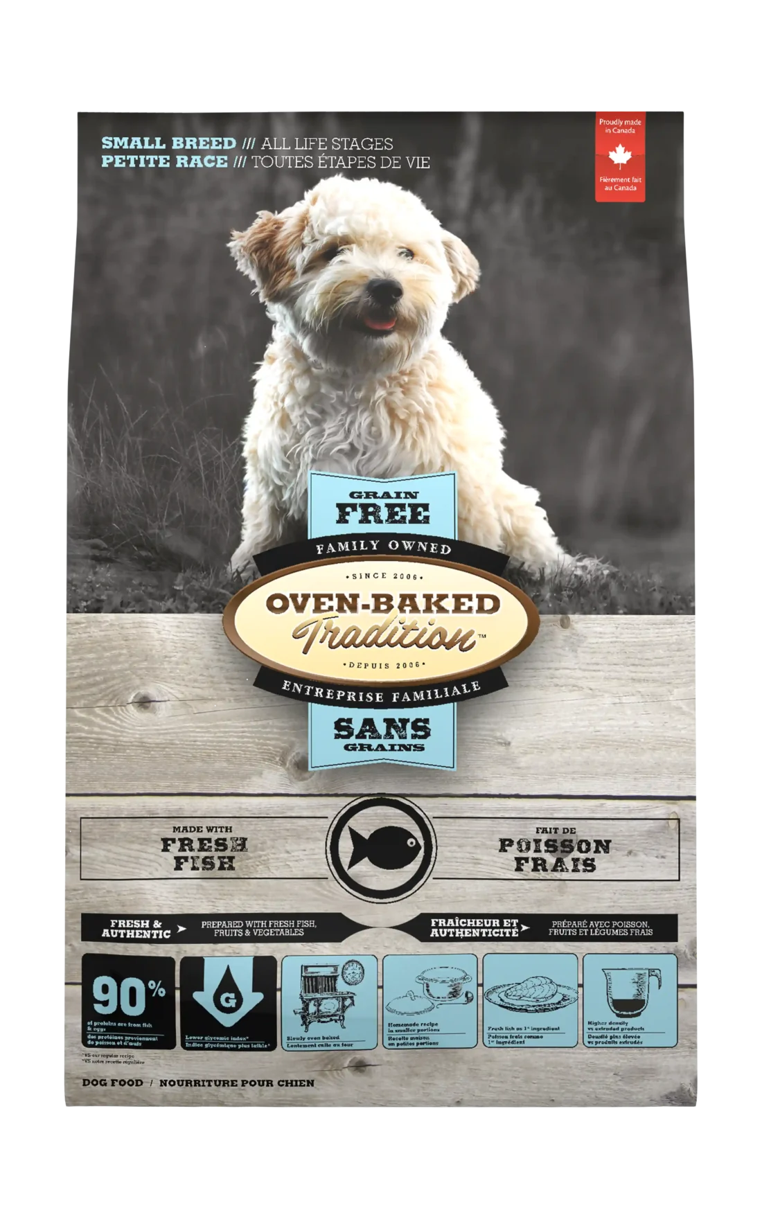 Bolsa de alimento Oven-Baked Tradition Grain-Free Small Breed - Fish con imagen de perrito pequeño