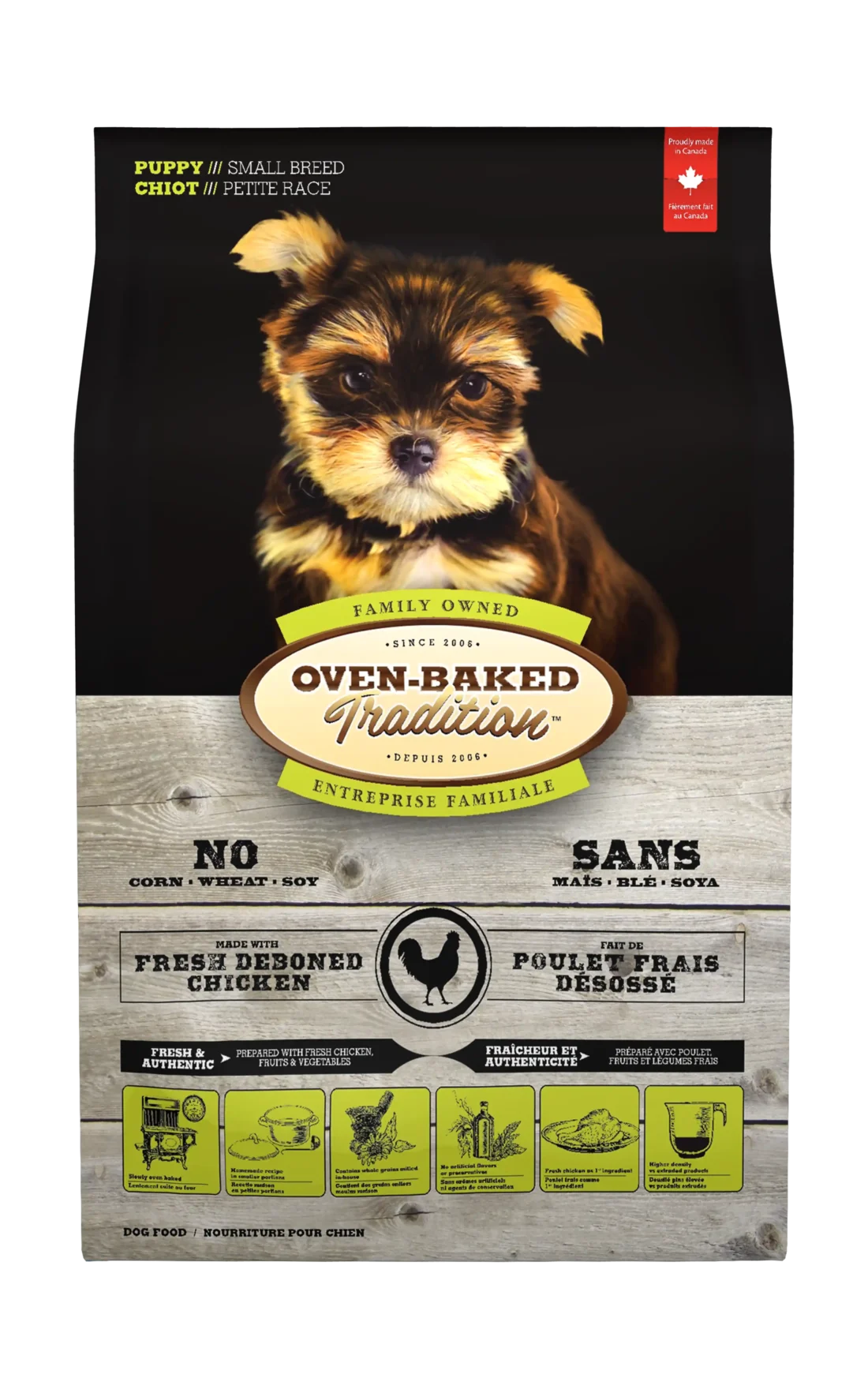 Bolsa con imagen de cachorrito tierno mirando la camara que contiene alimento Oven-Baked Tradition Puppy Small Breed - Chicken